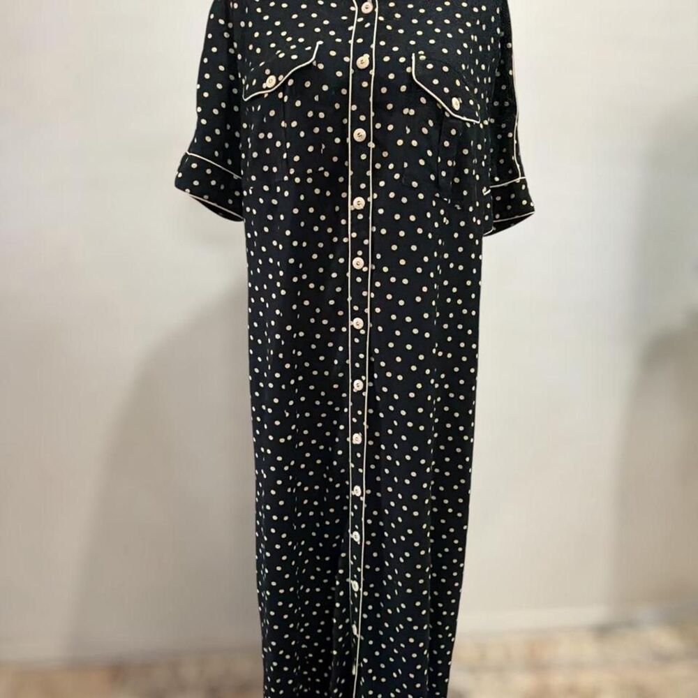 Vintage Susan Bristol Polka Dot Maxi Shirt Dress 14 Rayon 90s
